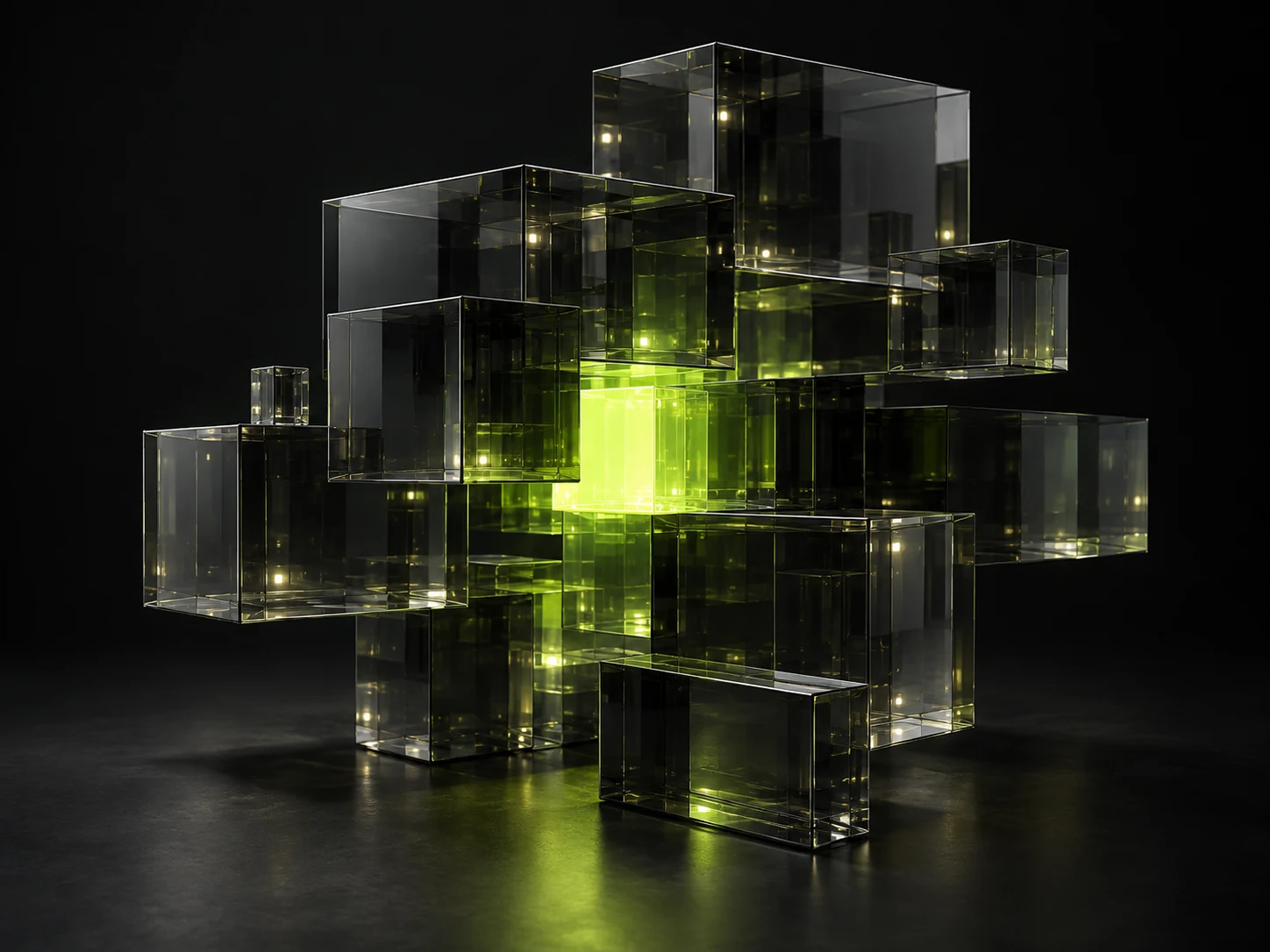 Escultura de bloques de cristal conectados por un núcleo luminoso